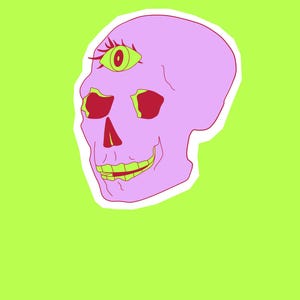 May include: A sticker featuring a light purple skull with a third eye on the forehead. The skull has dark red eye sockets and a nose cavity, with a bright lime green jaw and teeth. The eye is lime green with a dark red pupil and eyelashes.