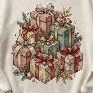 May include: A beige sweatshirt featuring a watercolor illustration of wrapped gifts with red, gold, and teal bows. The gifts are decorated with sprigs of evergreen and berries. The sweatshirt is on a wooden surface with pinecones and a cream-colored scarf.