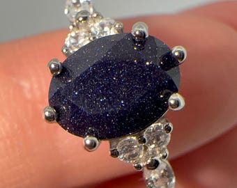 Sterling Silver Galaxy Stone Ring, Celestial Night Court Jewelry Navy Blue-Black