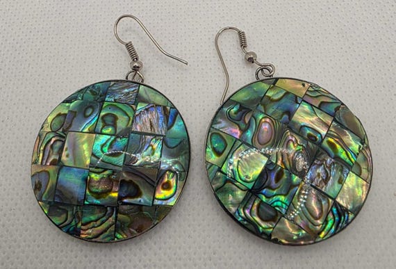 Large Round Mosaic Abalone Shell Dangle Earrings … - image 1