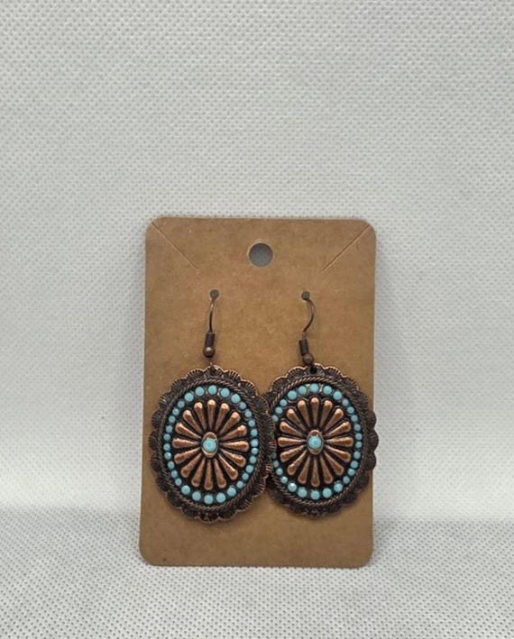 Oval Copper-Tone Turquoise Concho Dangle Earrings… - image 1
