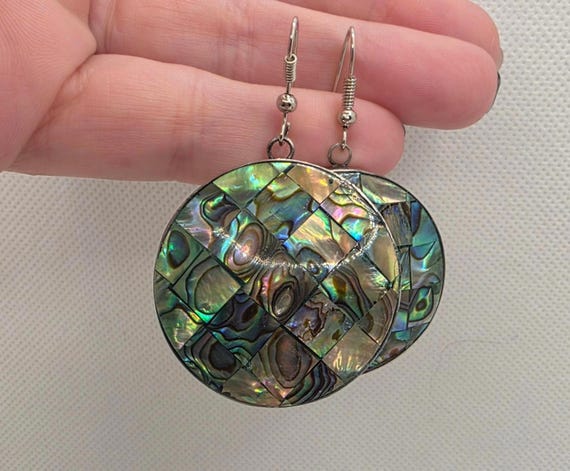 Large Round Mosaic Abalone Shell Dangle Earrings … - image 2