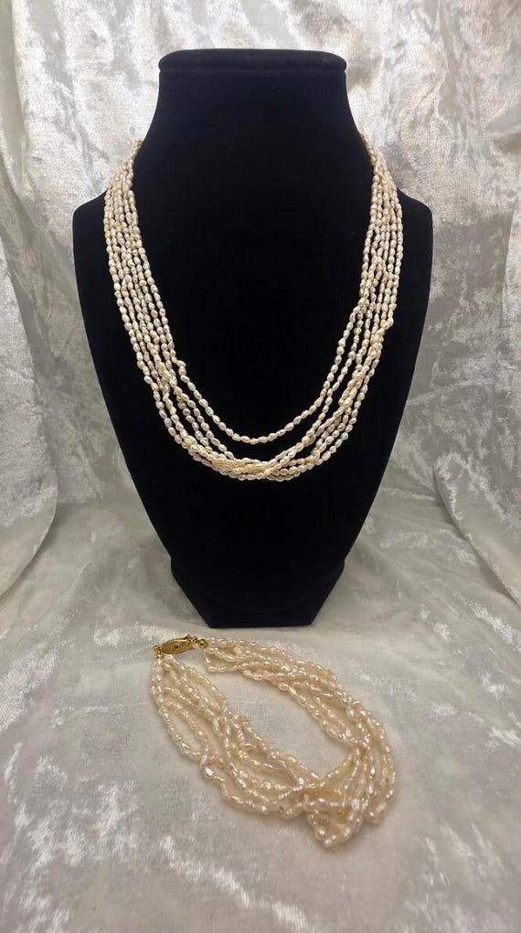 Multi Strand Freshwater Rice Pearl Necklace and Bracelet Set