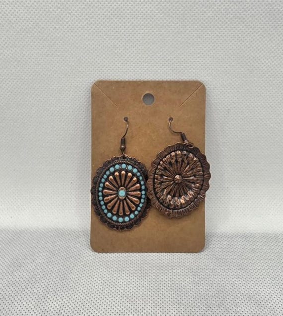Oval Copper-Tone Turquoise Concho Dangle Earrings… - image 2