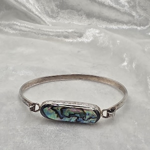 Vintage Alpaca Mexico Natural Abalone Shell Hinged Bracelet Iridescent Shell