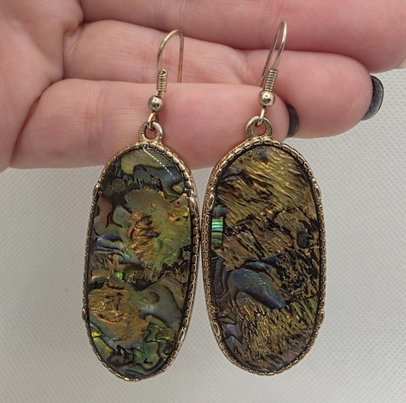Large Oval Abalone Shell Dangle Earrings – Gold T… - image 1