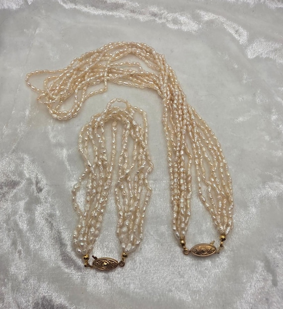 Multi Strand Freshwater Rice Pearl Necklace and Bracelet Set View 3
