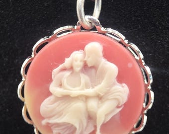 Vintage Cameo Pendant Necklace, Silver Tone Scalloped Border, Victorian Revival Style