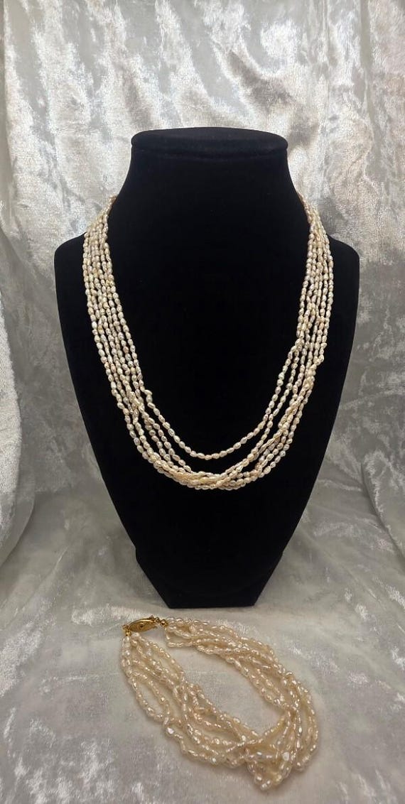 Multi Strand Freshwater Rice Pearl Necklace and Bracelet Set View 2