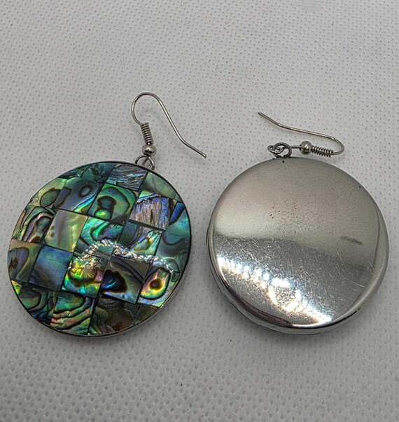 Large Round Mosaic Abalone Shell Dangle Earrings … - image 3