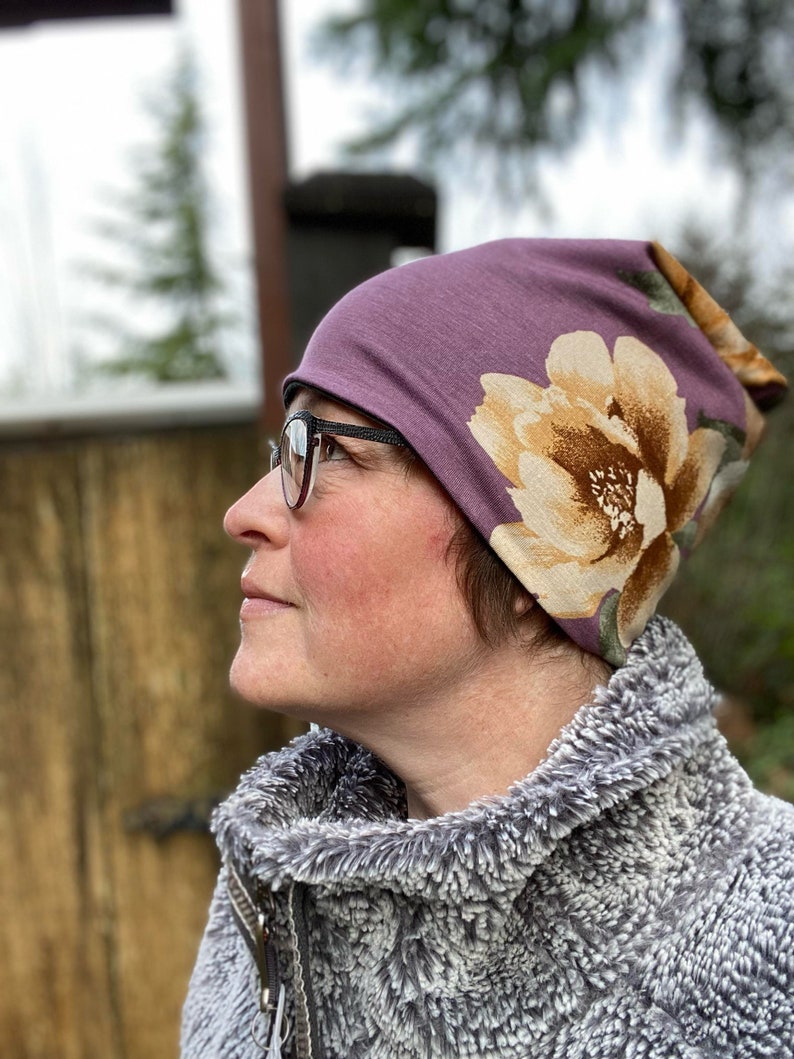 Chemo Hats Plum Floral lined in Bamboo Jersey image 1