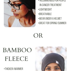 K&ouml;nnte beinhalten: Zwei Frauen tragen verschiedene Arten von Bambush&uuml;ten. Der erste Hut ist ein grauer Jersey-Bambushut, der zweite ein schwarzer Fleece-Bambushut. Der Text auf dem Bild lautet "Bamboo Jersey" und "Bamboo Fleece".