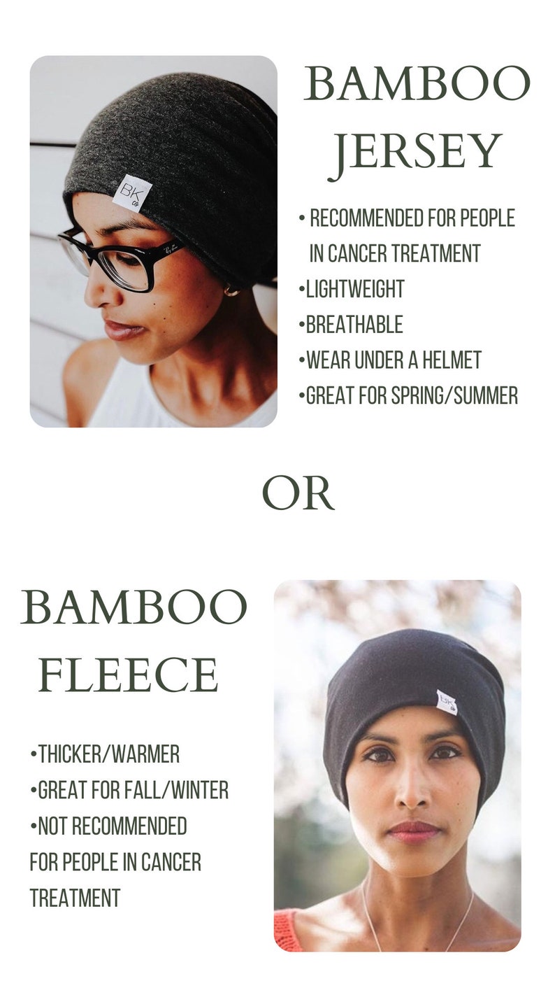 K&ouml;nnte beinhalten: Zwei Frauen tragen verschiedene Arten von Bambush&uuml;ten. Der erste Hut ist ein grauer Jersey-Bambushut, der zweite ein schwarzer Fleece-Bambushut. Der Text auf dem Bild lautet "Bamboo Jersey" und "Bamboo Fleece".