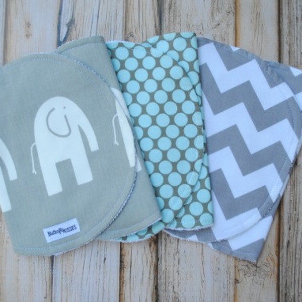 Baby Boy Burp Cloth Set - Set of 3- Grey and White Ele, Seafoam Dots, Grey Chevron