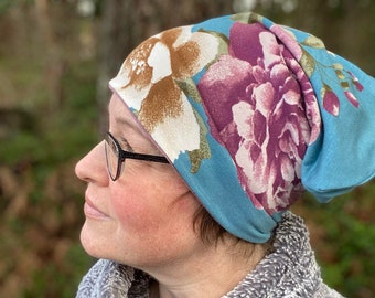 Chemo Hats Blue Floral lined in Bamboo Jersey