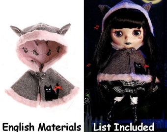 Blythe Kitty Ears Cloak Hooded Cape Pattern PDF English templates names, English Materials List , Sewing info included