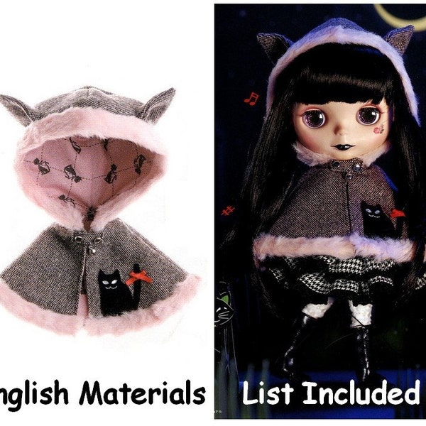 Blythe Kitty Ears Cloak Hooded Cape Pattern PDF English templates names, English Materials List , Sewing info included