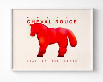 Year of the Horse Wall Art Print — Red Horse with Optional Greeting | Lunar New Year Modern Graphic Poster (Bright Version)