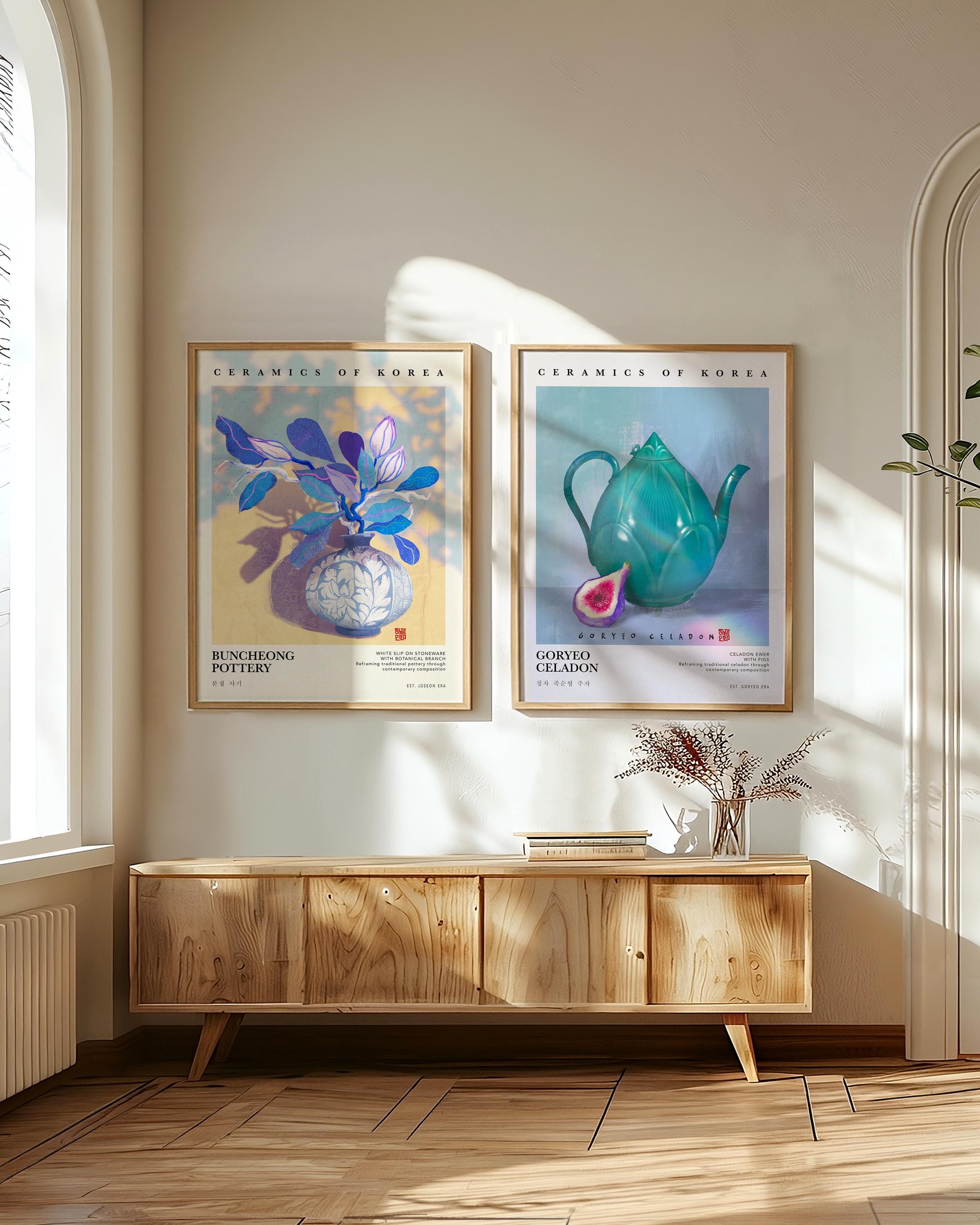 Korean Ceramics Wall Art Set of 2, Buncheong Pottery and Goryeo Celadon Prints, Blue Botanical Poster, Gift for Mom