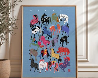 Year of the Horse 2026 Wall Art – Colorful Folk Horse Poster – Modern Graphic Home Decor
