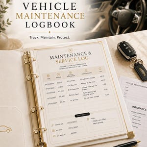 Könnte beinhalten: Ein cremefarbenes Fahrzeugwartungs-Logbuch mit goldenen Ringbuchmechaniken, aufgeschlagen auf einer Seite mit der Überschrift Maintenance & Service Log. Die Seite enthält Spalten für Datum, Kilometerstand, Service, Arbeiten und Kosten.