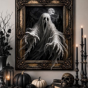 May include: A framed wall art piece featuring a ghostly figure with tattered fabric reaching forward, set against a dark moonlit graveyard background. The ornate, dark gold-toned frame surrounds the image, which depicts a spectral entity.
