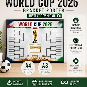 Könnte beinhalten: Ein World Cup 2026-Bracket-Poster mit dem Text "World Cup 2026" oben. Das Poster enthält eine Bracket-Tabelle, eine Trophäe und den Text "Champions". Das Poster ist in den Größen A4 (210 x 297 mm) und A3 (297 x 420 mm) erhältlich.