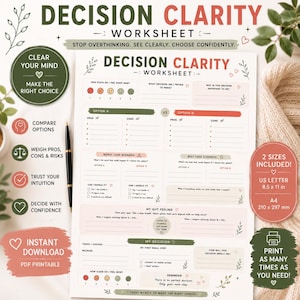 May include: A Decision Clarity Worksheet printable PDF featuring sections for comparing options, pros and cons, worst and best case scenarios, gut feelings, and final decisions. The document includes US Letter 8.5 x 11 inch sizing information.