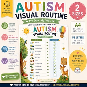 May include: A digital autism visual routine chart for kids featuring a daily schedule with icons for tasks like wake up, get dressed, and eat breakfast. The layout includes a to-do column and an all-done column with checkboxes, decorated with illustrations of a sun, a bear in a hot air balloon, a tree, a rabbit, and a deer.