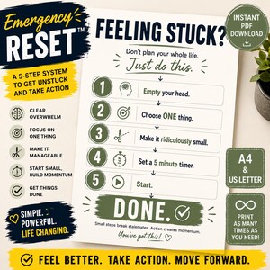 May include: A printable 5-step system guide titled Emergency Reset, Feeling Stuck? Don't plan your whole life. Just do this. The steps are: 1. Empty your head, 2. Choose ONE thing, 3. Make it ridiculously small, 4. Set a 5 minute timer, 5. Start.