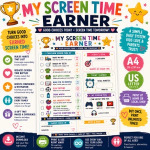 May include: A printable screen time reward chart titled My Screen Time Earner with a list of tasks like making a bed, brushing teeth, and reading. It includes sections for daily goals, earned minutes, and activity choices, measuring 210 by 297 mm.
