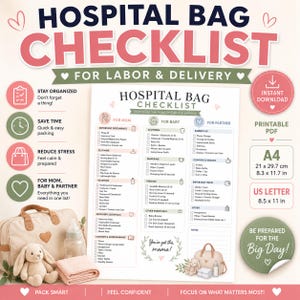 Hospital Bag Checklist Printable, What to Pack for Labor & Delivery, what to pack in a hospital bag for mom, Birth Checklist PDF