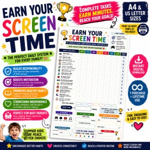 May include: A printable screen time reward chart featuring a weekly task tracker with columns for days of the week, a section for daily total minutes, a weekly goal area, and a custom task section. The document includes text headers like Earn Your Screen Time, Complete Tasks, Earn Minutes, Reach Your Goals, and My Rewards.