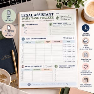 May include: A Legal Assistant Daily Task Tracker printable planner page featuring sections for top priorities, a quick brain dump, tasks and case references, follow-ups, and a parking lot for later, with a clean layout and soft pastel accents.