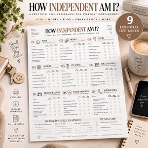 以下が含まれることがあります： 「How Independent Am I?」と題された白い自己評価チェックリスト。家庭、お金、食事、洗濯、掃除、整理整頓、交通、健康、緊急時の9つの生活分野が記載されており、個人の進捗状況を記録するためのチェックボックスが配置されています。