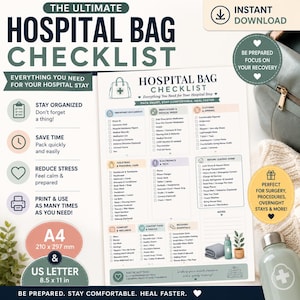 Peut inclure: Une liste de contrôle imprimable pour sac d'hôpital comprenant des catégories pour les documents, les besoins médicaux, les vêtements, les articles de toilette, l'électronique et les essentiels de récupération. Le document affiche des cases à cocher.