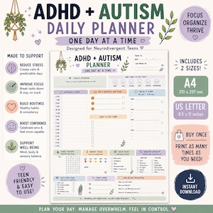 May include: A digital ADHD and Autism daily planner template for teens, featuring sections for schedules, priorities, habit tracking, energy checks, and sensory needs. It includes A4 (210 x 297 mm) and US Letter (8.5 x 11 inches) size options.