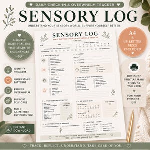 May include: A printable sensory log tracker featuring sections for daily check-ins, sensory load, triggers, and coping strategies. The document includes text fields for date, time, and sensory observations, with checkboxes for various sensory inputs and responses.