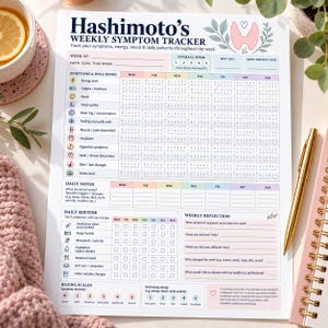 May include: A printed Hashimoto's weekly symptom tracker sheet featuring a thyroid illustration, sections for tracking energy, mood, sleep, and daily routines, with rating scales and reflection prompts printed in black text on a white background.
