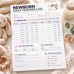 May include: A white newborn daily feeding log sheet with blue and orange text and icons. The form includes sections for date, baby name, feeding type, breast side, duration, amount, diaper changes, daily feeding summary, and baby notes.