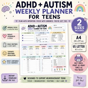 May include: A weekly planner for teens with ADHD and autism, featuring sections for priorities, focus time, a survival kit, habit tracker, and task dashboard. Includes A4 210 x 297 mm and US Letter 8.5 x 11 inch sizes. The design uses pastel colors, icons, and text.