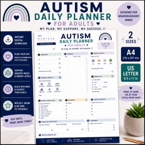 May include: A digital daily planner for adults with autism, featuring sections for priorities, schedule, energy and sensory check-ins, break plans, coping strategies, reminders, support contacts, and reflection, available in A4 and 8.5 x 11 inch sizes.