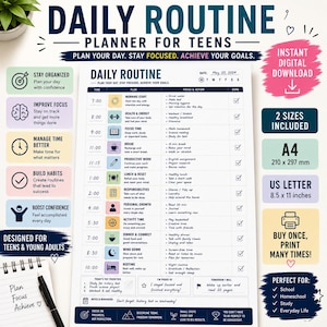 May include: A daily routine planner for teens featuring a structured schedule from 7:00 to 10:00 with columns for time, plan, focus, and action. The document includes sections for daily goals, notes, and reminders, available in A4 210 x 297 mm size.