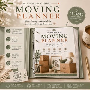 Könnte beinhalten: Ein Ringbuch-Umzugsplaner mit einem salbeigrünen Einband, der 18 druckbare Seiten enthält. Der Einband zeigt den Text "MOVING PLANNER" in Dunkelgrün und Kupfer sowie Illustrationen von Umzugskartons, einem Haus und einer Lampe.