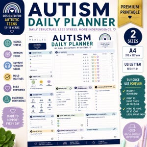 May include: A printable daily planner for autistic teens featuring sections for schedule, energy levels, sensory checks, and break plans. The document includes text such as Autism Daily Planner, My Plan, My Support, My Success, and provides dimensions of 210 x 297 mm.