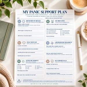 May include: A white paper worksheet titled My Panic Support Plan with six numbered sections for self-reflection. The document includes prompts for recognizing signals, first steps, support tools, reminders, and post-moment reflection.