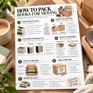 Puede incluir: Un póster informativo blanco titulado How to Pack Books for Moving, que presenta siete pasos numerados con ilustraciones de cajas de cartón, pilas de libros y listas de verificación para guiar el proceso de embalaje de forma segura.
