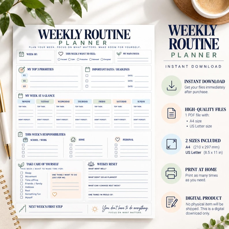 Weekly Routine Planner Printable | Weekly Schedule for Teens and ...