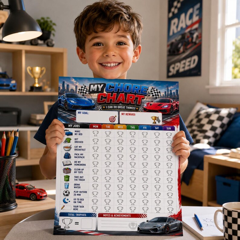 Race Car Kids Chore Chart | Boys Weekly Responsibility Tracker (PDF ...