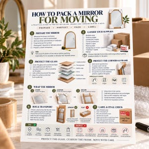 May include: An instructional poster titled HOW TO PACK A MIRROR FOR MOVING, featuring seven numbered steps with checklists, diagrams, and icons. The guide details how to prepare, protect, wrap, box, and label mirrors for safe transport during a move.